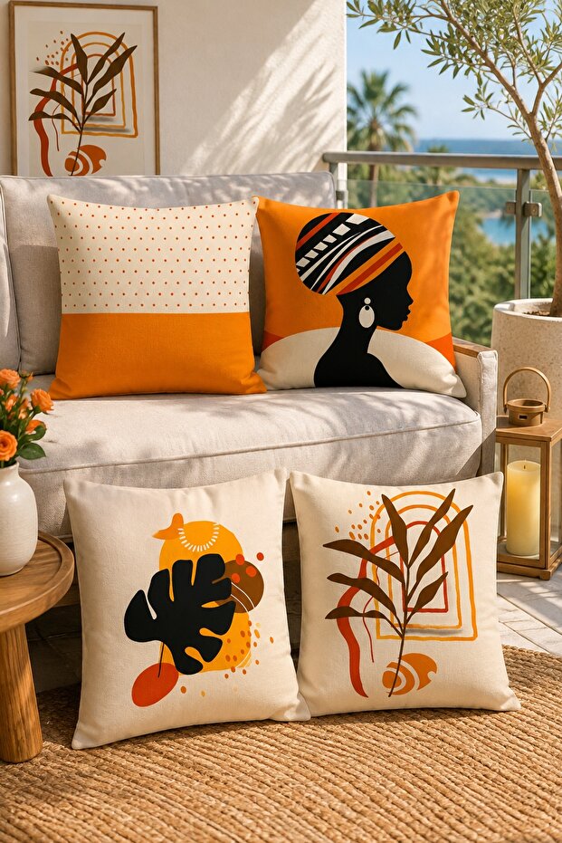 African Girl and Icons Patterned 4-Piece Throw Pillow Cover Set