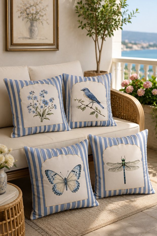 Blue Lines and Animals Patterned 4-Piece Throw Pillow Cover Set
