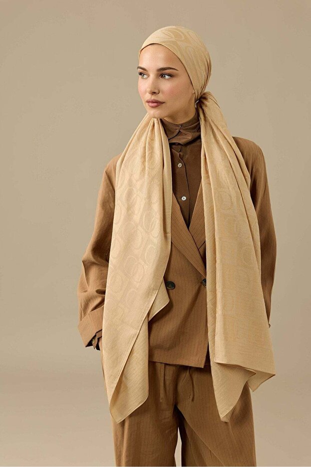 Dama Pattern Camel Naia Cotton Shawl 70X200