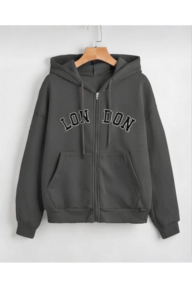 London Printed 3 Thread Combed Cotton Hooded Oversize Cardigan