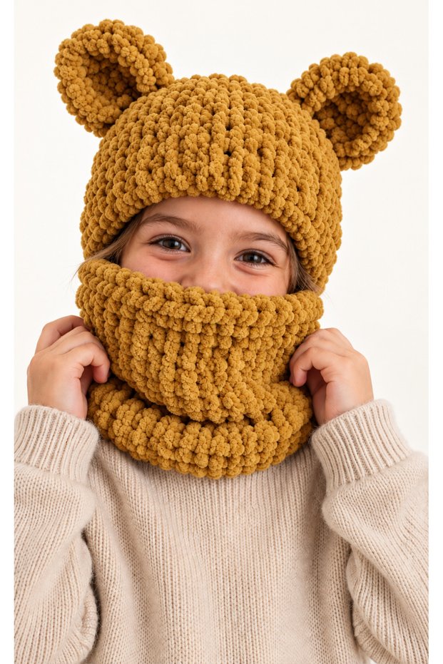 Children's Unisex Puffy Balaklava with Ears Knitted Hood Neck Collar Mustard Winter Beanie