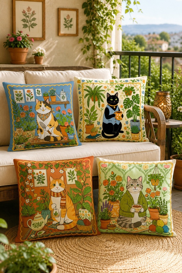 Coffee Shop Cats Patterned 4-Piece Throw Pillow Cover Set