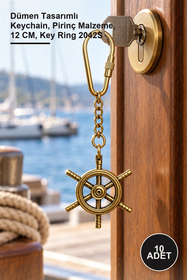 10 Pieces Brass Rudder Keychain – Rudder Design Keychain, Brass Material, 12 Cm, Key Ring 2042S