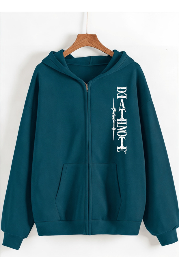 Death Note Printed 3 Thread Combed Cotton Hooded Oversize Cardigan