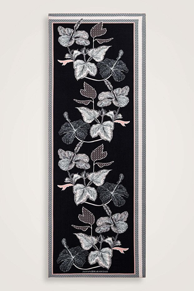 X Rawdah Mekke Rose Pink-Black Floş Viscose Shawl 70X210