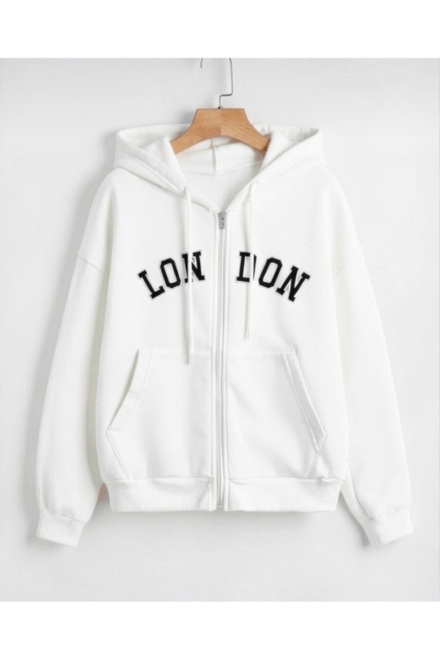 London Printed 3 Thread Combed Cotton Hooded Oversize Cardigan