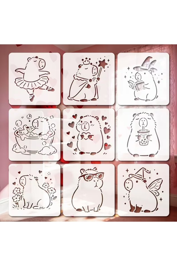 9PCS Capybara Pattern Stencils Reusable Painting Stencils PET Animal Themes Template for Wood Floor