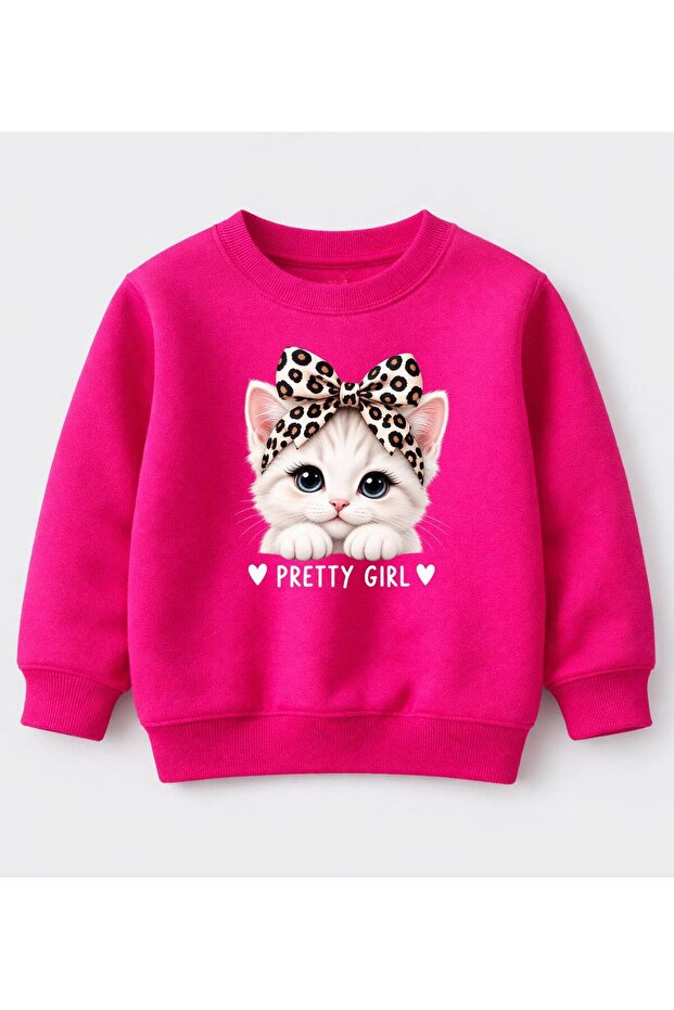 Kids Girl's Bowknot Cat Printed Fuchsia Sweatshirt – Pretty Girl