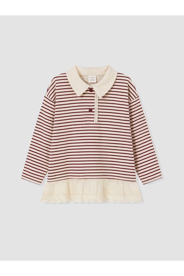 Ozmarka New Season Burgundy Polo Collar Striped Girls' Sweatshirt