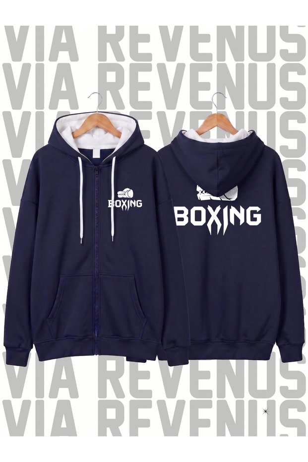 Boxing Printed Unisex Zippered Hooded Sweatshirt Cardigan