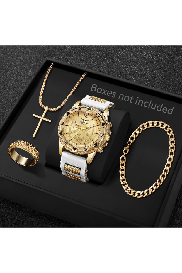 White Gold No Box 4PCS/Set Fashion Silicone Strap Men Quartz Wristwatch Male Arabic Dial Watch With