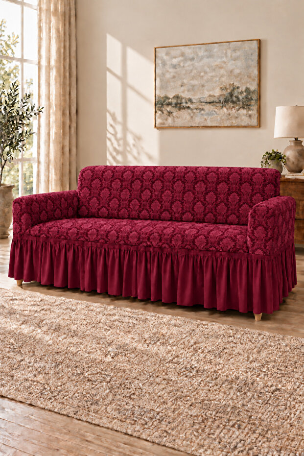 Jacquard Fabric Ottoman Pattern Skirted Three-Seat Sofa Cover – 1 Piece