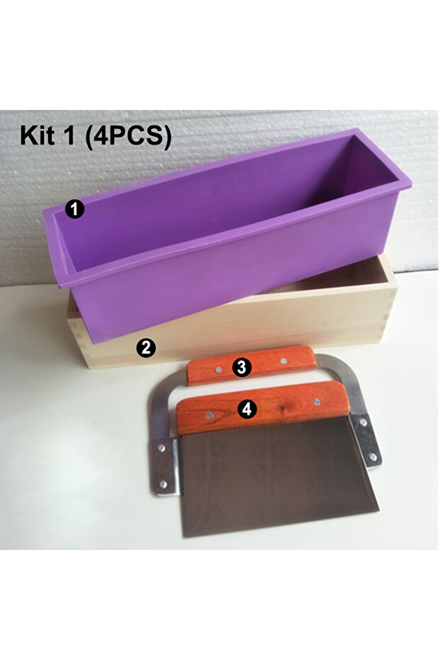 Kit 1(4PCS)Purple Rectangular Handmade Soap Molds Kit with Cutter DIY 42 Oz Flexible Silicone Wooden