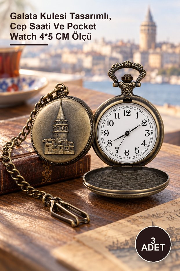 3 Piece Chain Watches – Galata Tower Design, Pocket Watch and Pocket Watch 4*5 cm Size