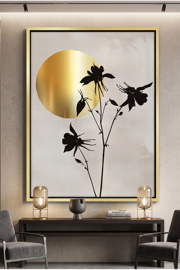 Gold Sun and Black Flower Nature Wall Art | Portrait Framed Canvas Print with Gold Foil Embossed | Luxury Modern Botanical Decor for Living Room