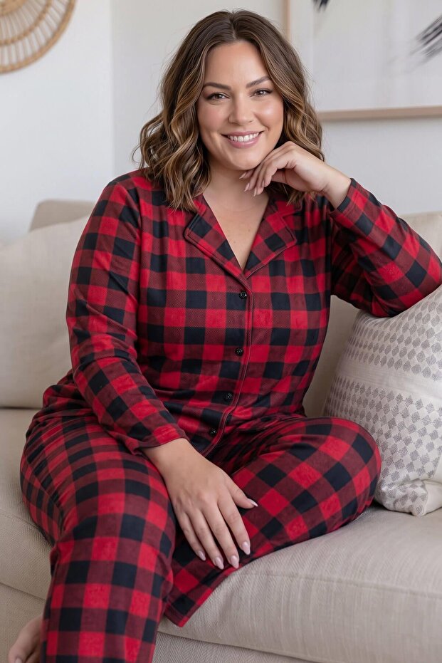 Black Red Cuore Front Buttoned Oversized Suede Women's Pajama Set