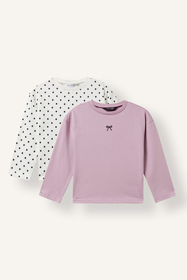 100% Cotton Crew Neck Combed Long Sleeve 2'Li Package Polka Dot T-Shirt Baby Girl I5082A526Au