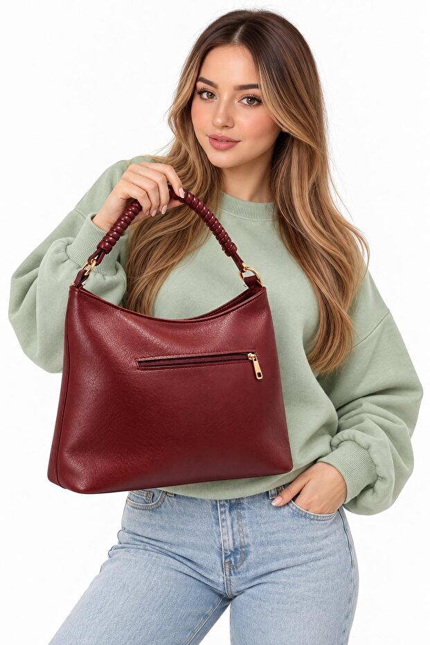 Women's Soft Textured Faux Leather Handbag – Single Compartment, Small Zippered Pocket, Casual Stylish Burgundy Bag