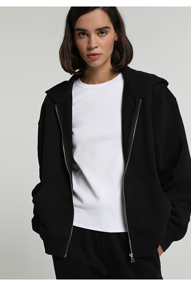 Regular Fit Hooded Plain Women's Black Sweatshirt