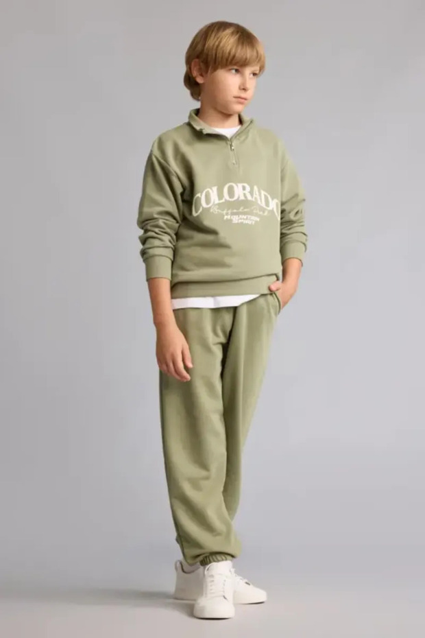 Zippered Printed Light Khaki Boys' Top and Bottom Set I0291A8/Kh271