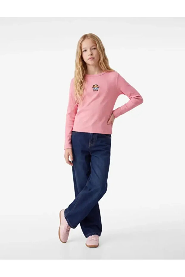 Cat Embroidered Slim Fit Cotton Camisole Crew Neck Long Sleeve T-Shirt