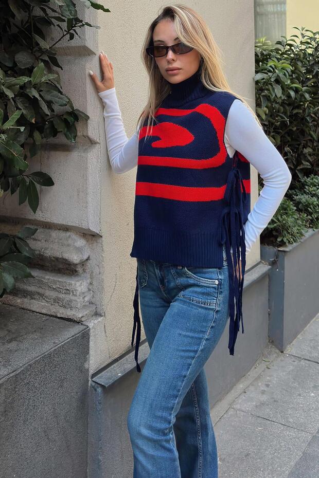 Navy Blue Half Fisherman Spiral Pattern Side Tie Women's Knitwear Sweater