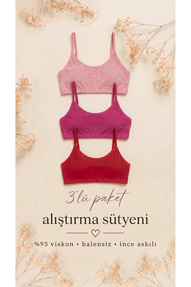 Girl's 3-Piece Training Bra Without Pads, Viscose Bustier with String Straps, First Bra
