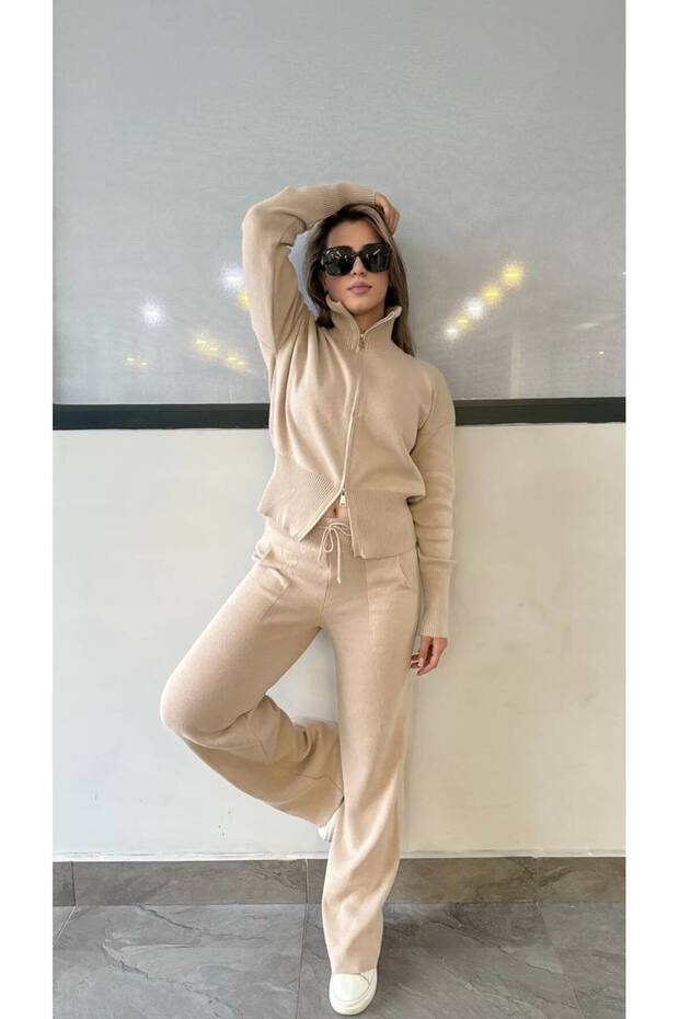 Premium Trend Knitwear Zippered High Collar Cardigan-Pants 2-Piece Set