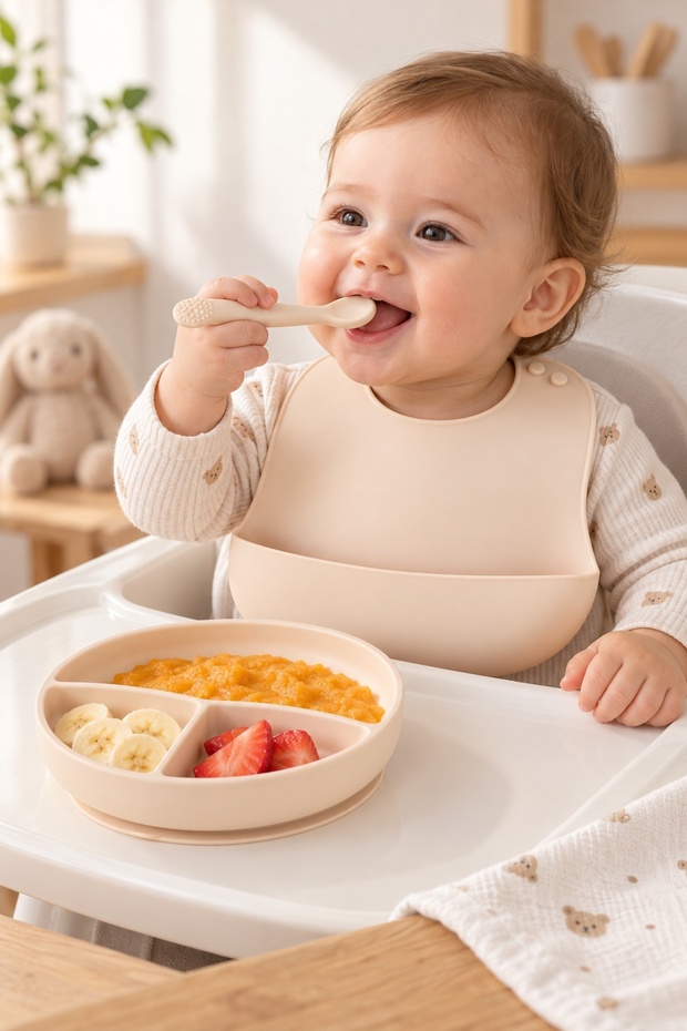 2-Piece Silicone Baby Feeding Set – Cream Color 3-Piece Vacuum Plate, Teether Spoon, Adjustable Feeding Bib, Baby Feeding Set