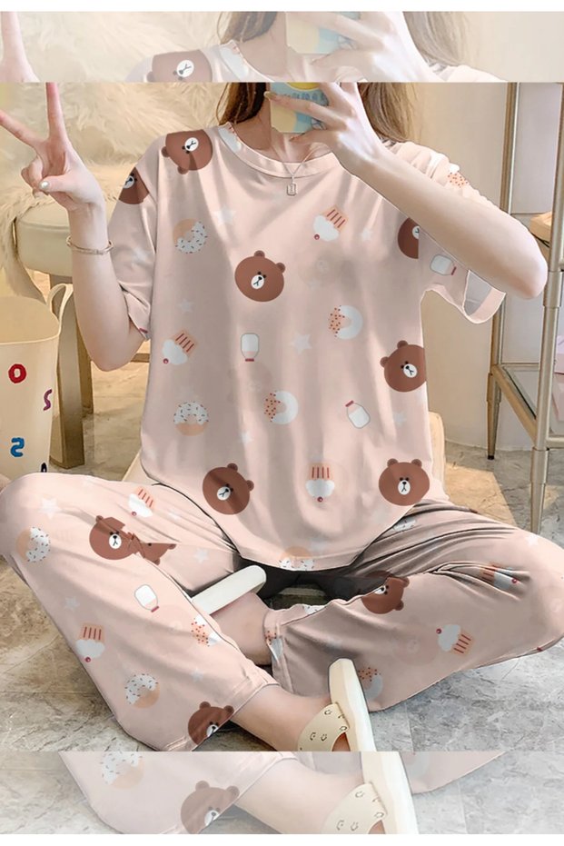 Short Sleeve Pajama Set Brownpink07 Supersoft Basic Supremm