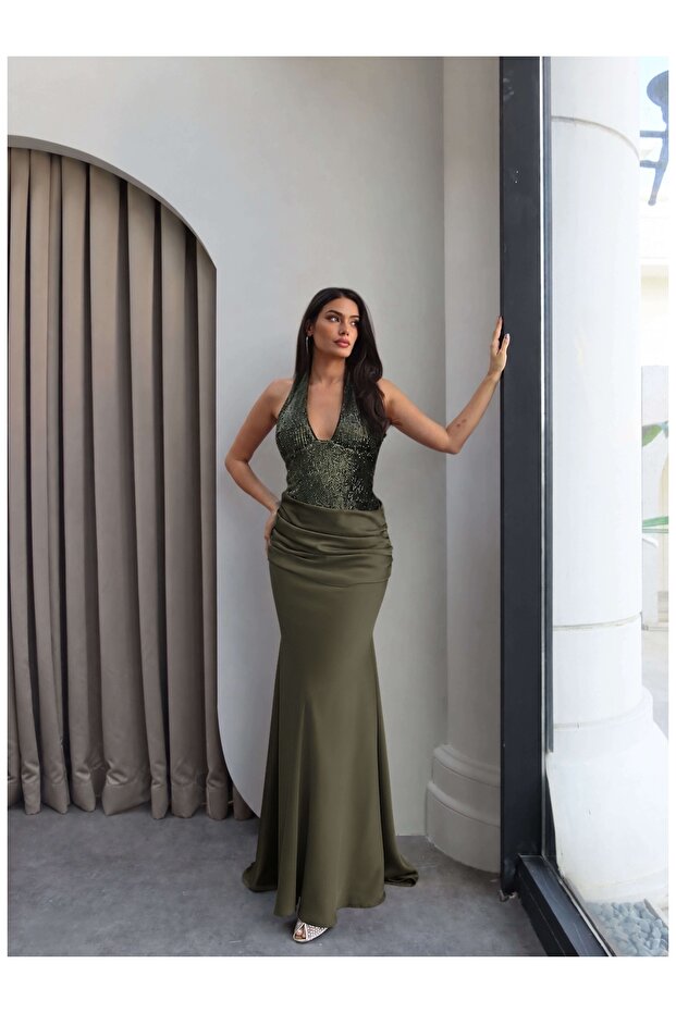 Halter Neck Sequined Maxi Dress