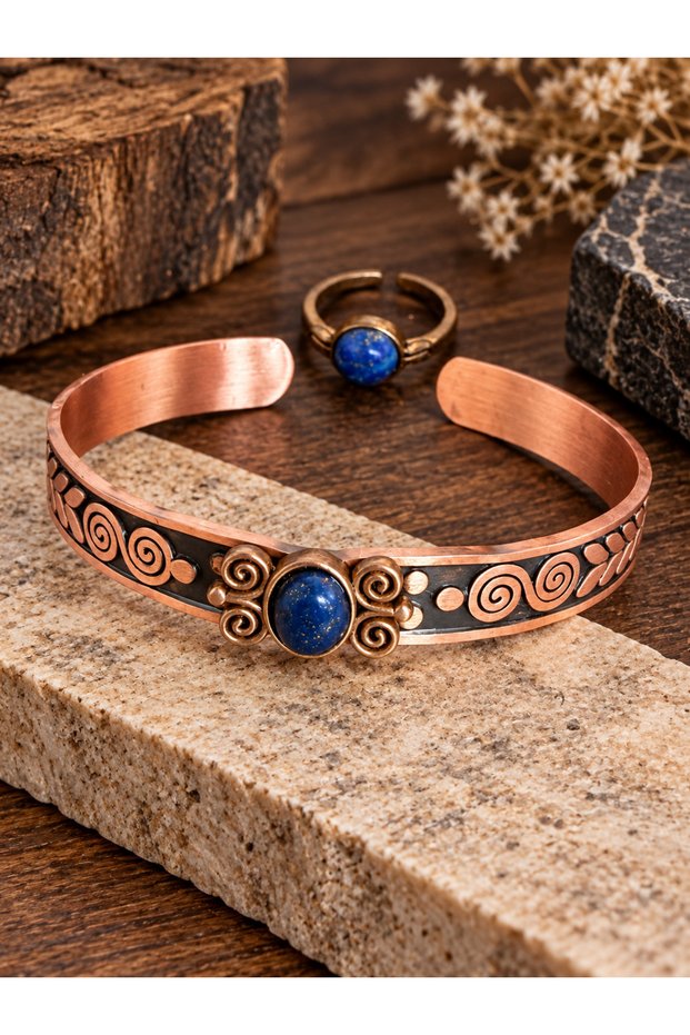 Women's copper ring bracelet handcrafted pure copper oval lapis lazuli natural stone adjustable copper bracelet