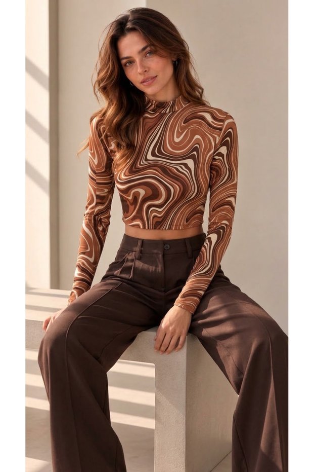 Women's Coffee Cream Patterned High Neck Long Sleeve Viscose Fabric Crop Blouse