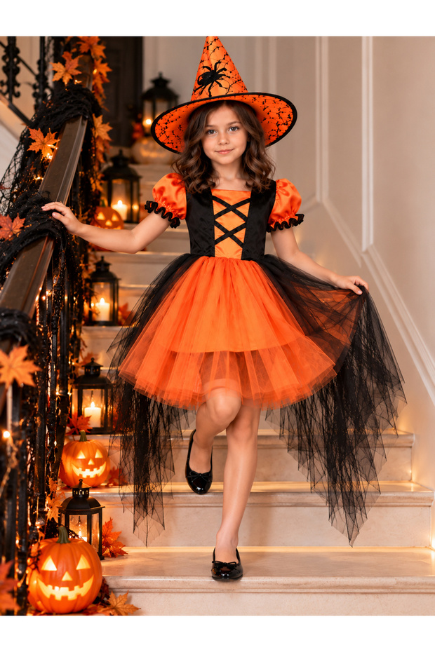 Girls Pumpkin Witch Costume - Halloween Halloween Party Dress with Hat and Tulle