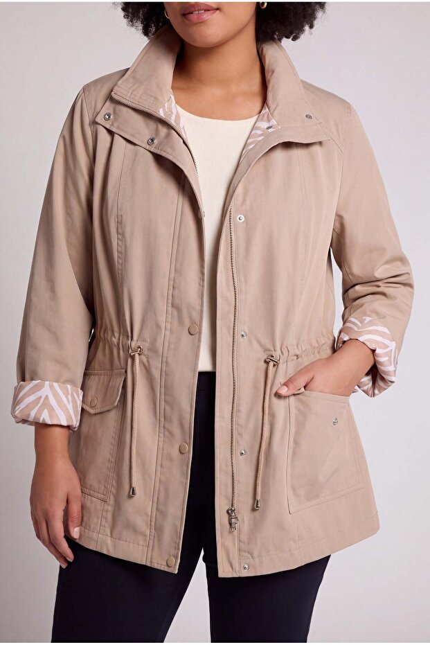 Zebra Lining Detailed Plus Size Cotton Trench Coat Beige
