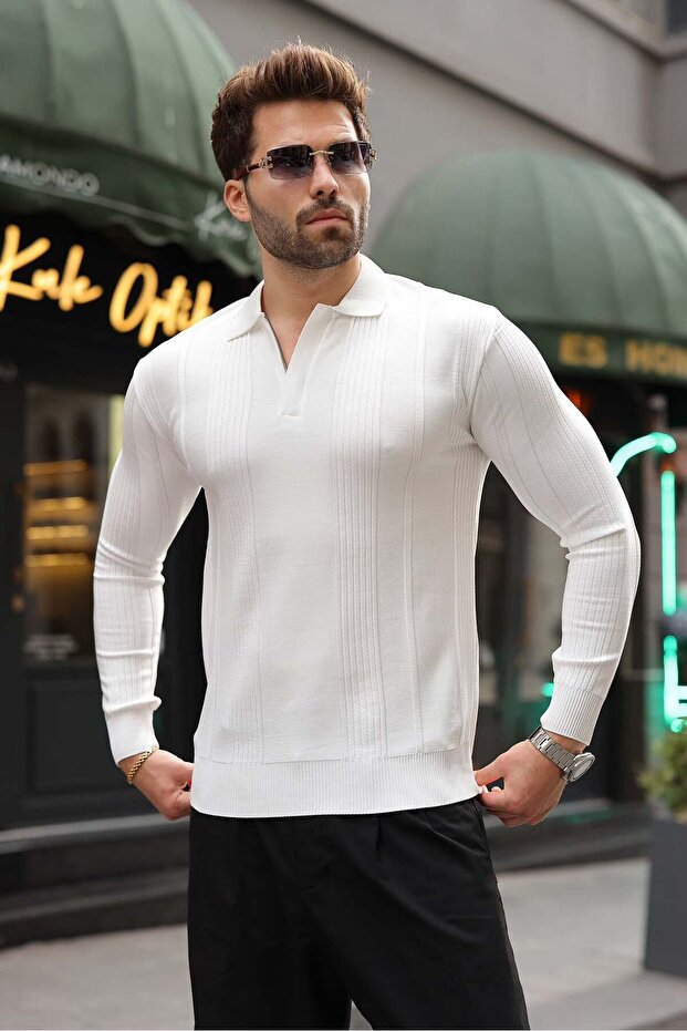 White Polo Collar Slim Fit Men's Knitwear Sweater E7527