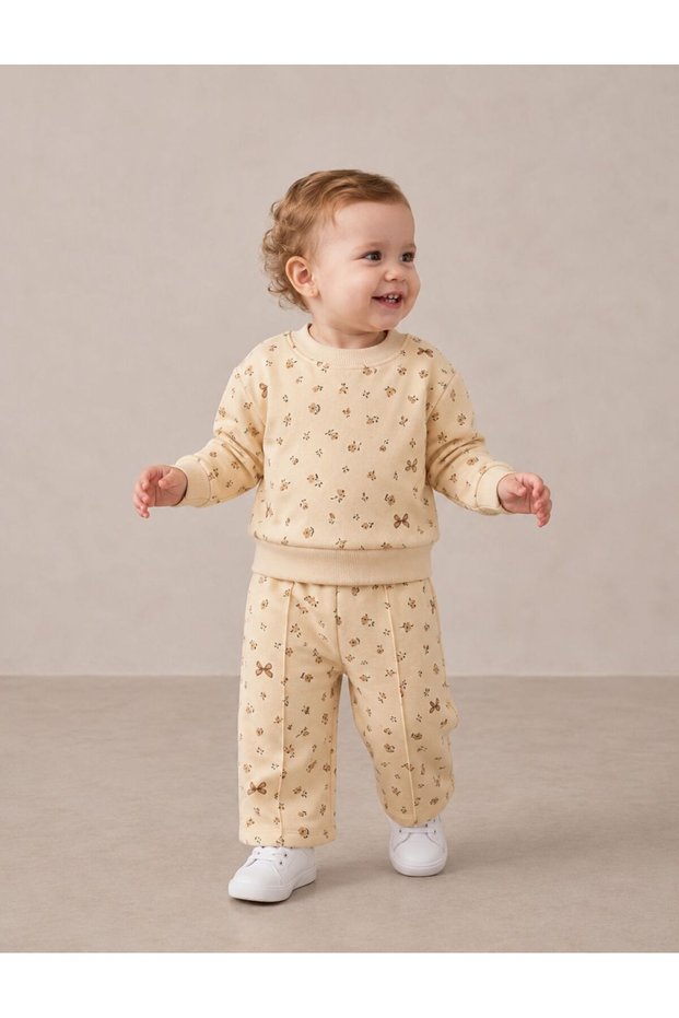 Simit Yaka Metered Floral/Bowknot Printed Sweatshirt/Wide Leg Ribbed Sweatpants 3 Thread Ribbed Set