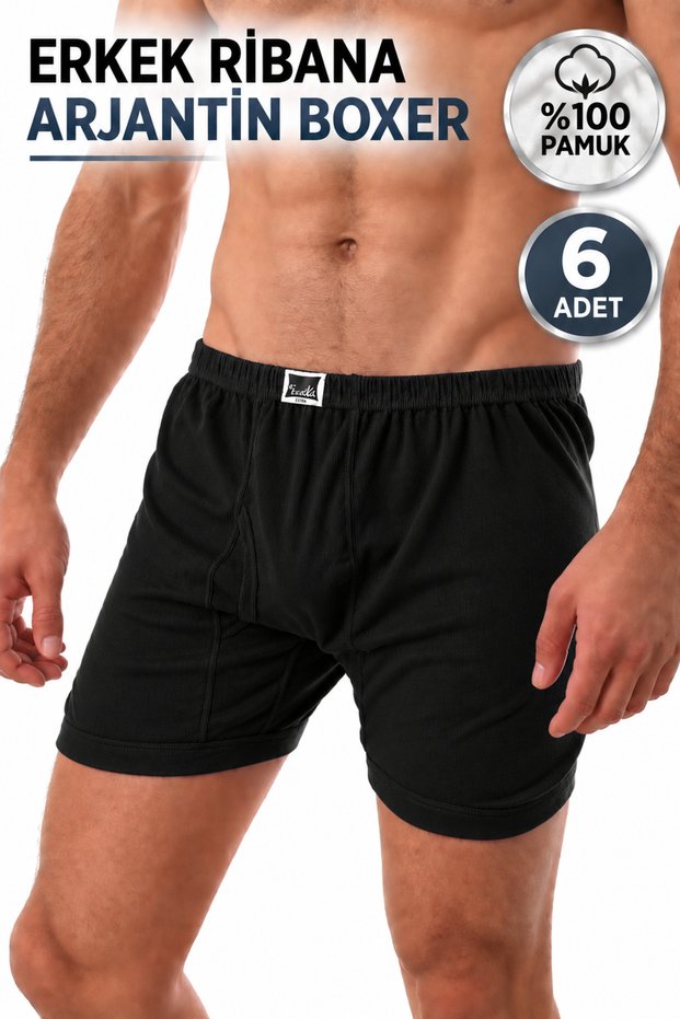 Men's Argentina Boxer 100% Cotton Ribbed (Tutku Authorized Seller) Non-Squeezing Leg 6 Pieces – Black