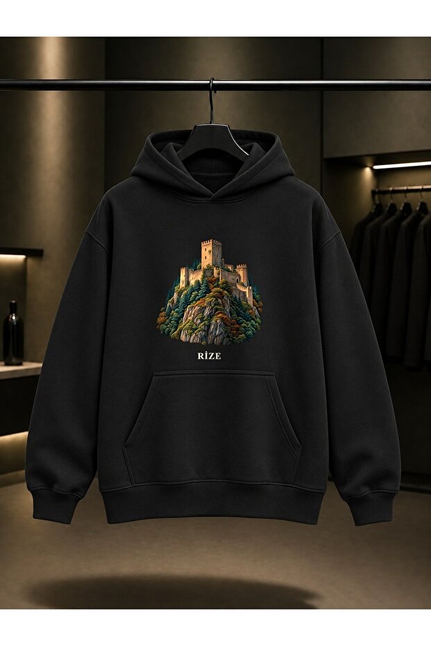 Rize Zil Kale Printed Unisex 100% Cotton Hooded Sweatshirt