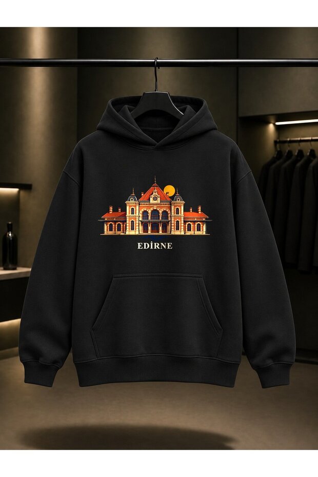Edirne Karaağaç Train Station Printed Unisex 100% Cotton Hooded Sweatshirt