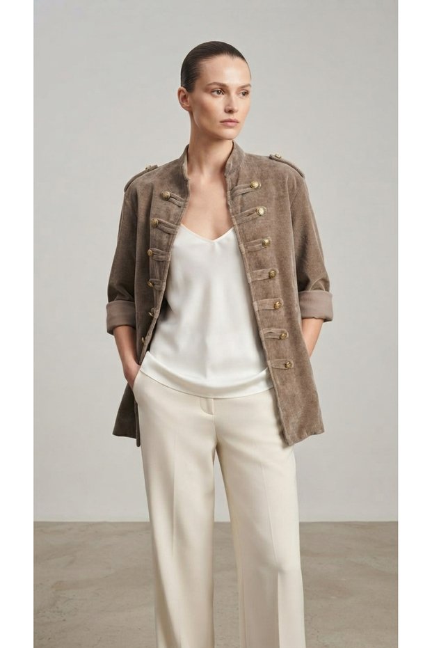 Gold Button Detailed Hakim Collar Velvet Military Jacket