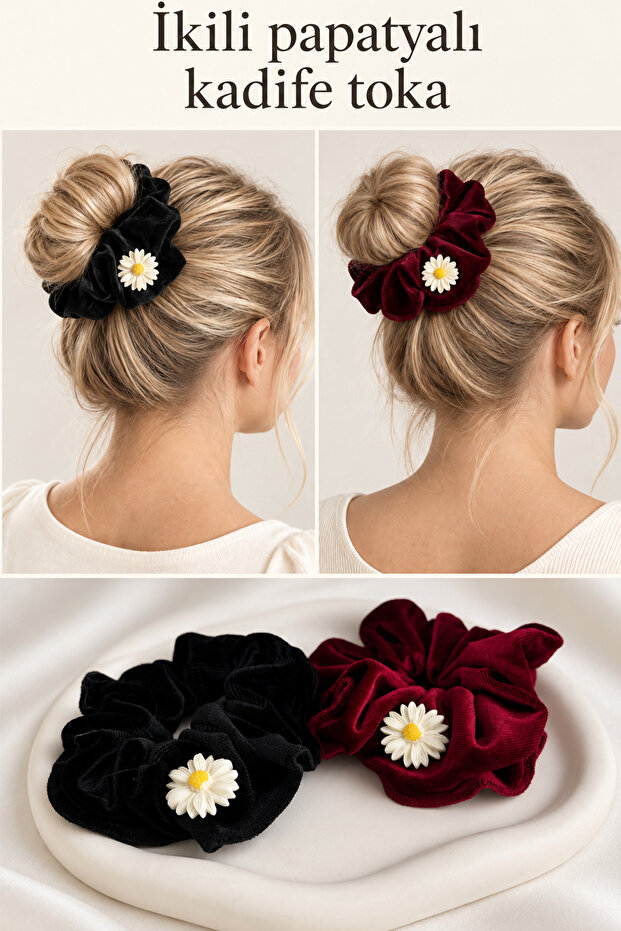 Set of 2 Daisy Detail Velvet Buckles (Burgundy-Black)