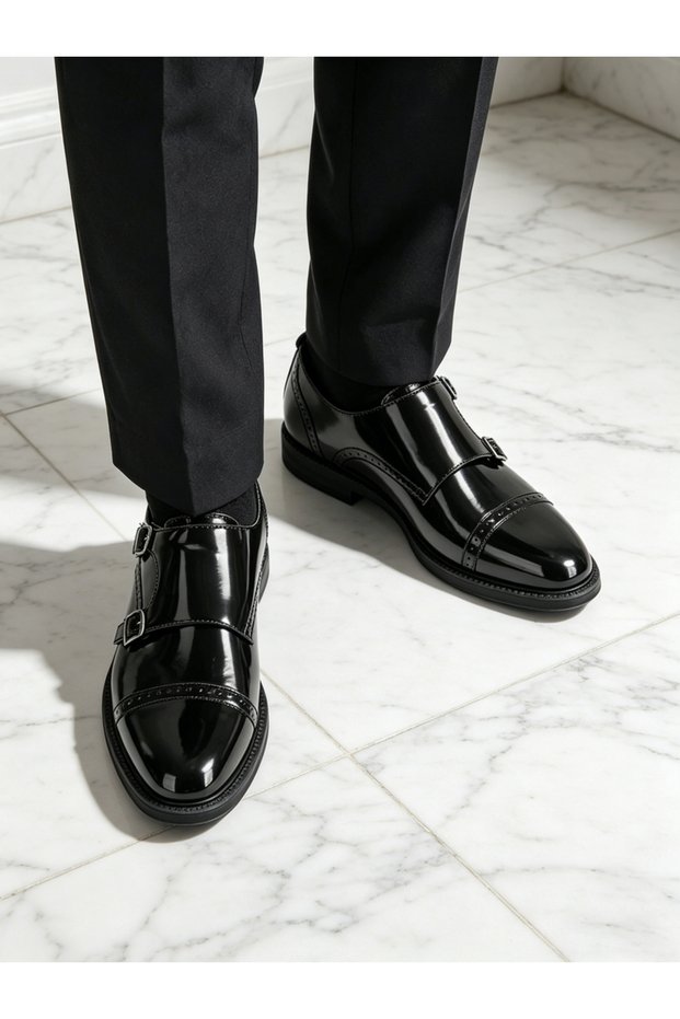 Men Black Patent Toecap Double Monk Shoes