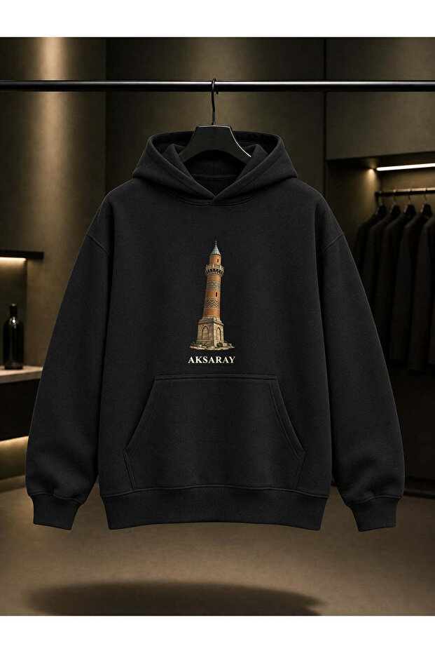 Aksaray Curve Minaret Printed Unisex 100% Cotton Hooded Sweatshirt