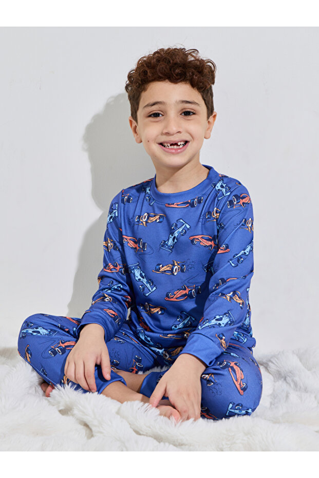 Boys Blue All Over Print Regular Fit T-Shirt and Cuffed Hem Pants Pyjama Set