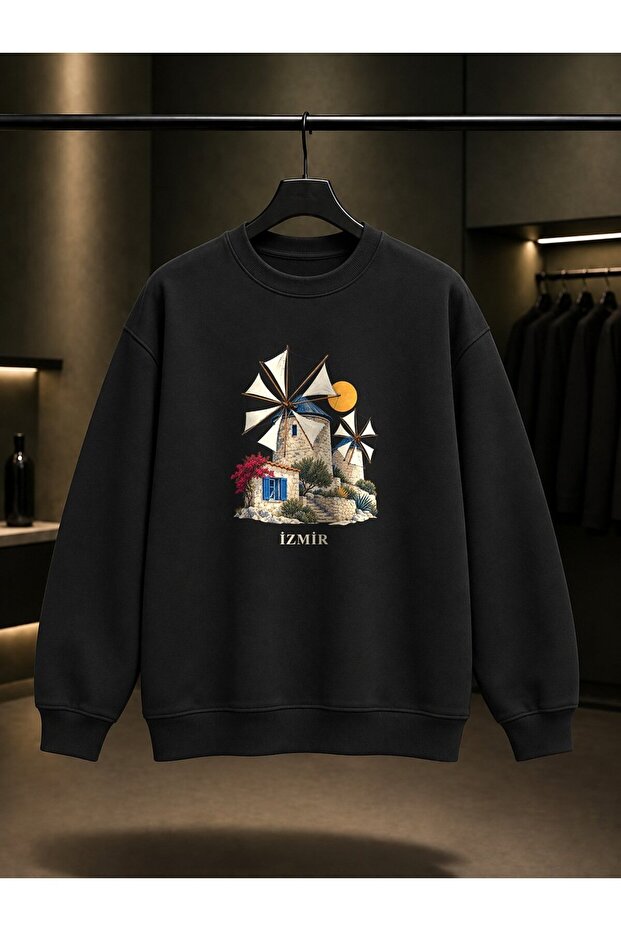 Izmir Alaçatı Windmills Printed Unisex 100% Cotton Sweatshirt