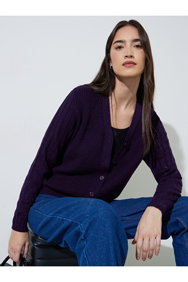 Purple Solid Button-Down Regular Fit Cardigan