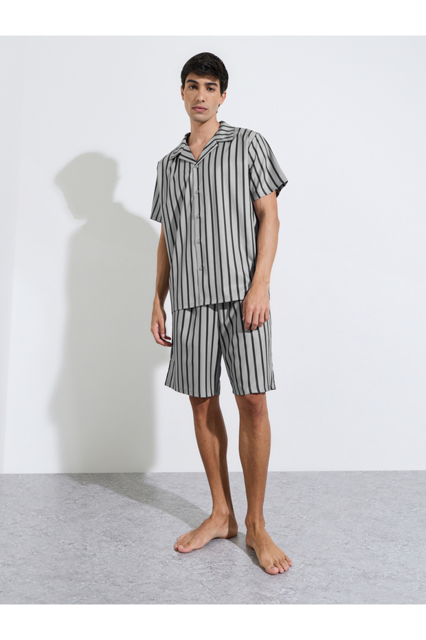 Grey Striped Short Sleeves Shirt and Shorts Pyjama Set