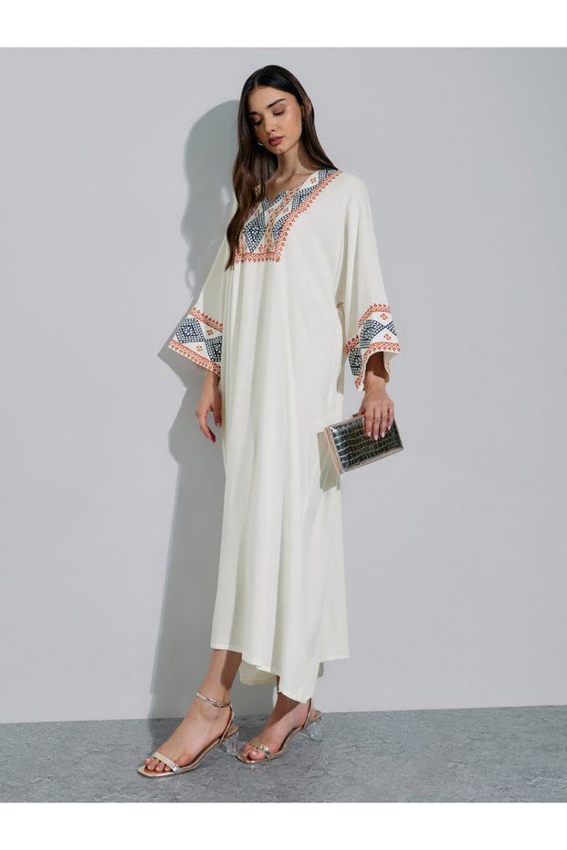 Cream Geometric Print Long Sleeves Midi Jalabiya