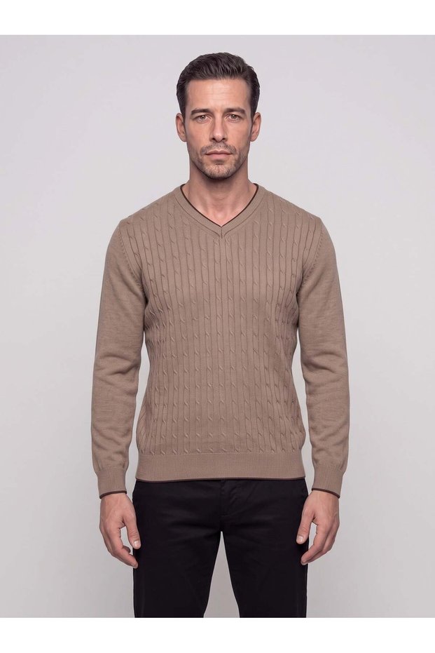 Mink V-Neck Knitted Patterned Men's Knitwear Sweater
